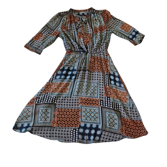 Kut from the Kloth Chloe Patchwork Midi Dress Womens 10 Bow Black Orange - Picture 6 of 16